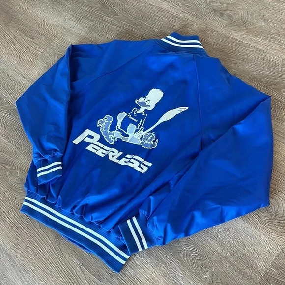 Vintage Nylon Bomber Varsity Jacket Roadrunner Peerless Retro Blue M USA - Picture 10 of 12